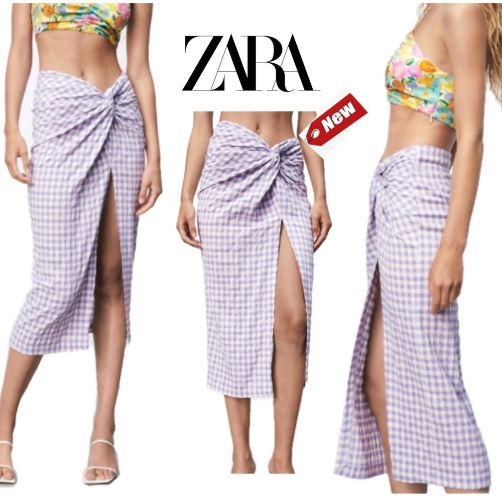Zara purple blue plaid check front high slit twist knot midi pencil skirt S NWT